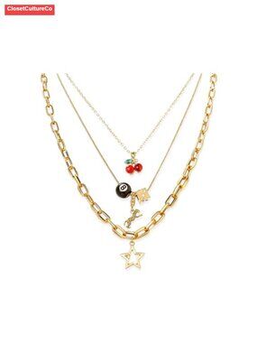 Layered Gold Necklace Set Cherry Star Dice Charm Y2K Streetwear Gift